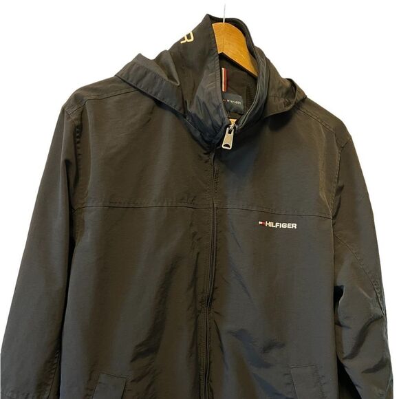 TOMMY HILFIGER Black High Neck Mid Weight Fall Rain Hooded Jacket Coat L - Picture 2 of 8